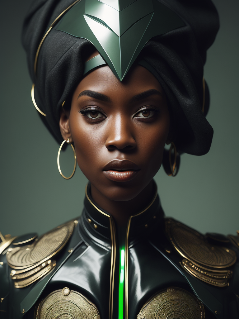 Serious black female model, looking diagonally, dressed in extravagant and vanguardist clothing, plastic and latex materials, abstract shapes, asymmetric techno ornaments, predominant green, 4k, medium shot, cinematic photography, Iris van Herpen style.