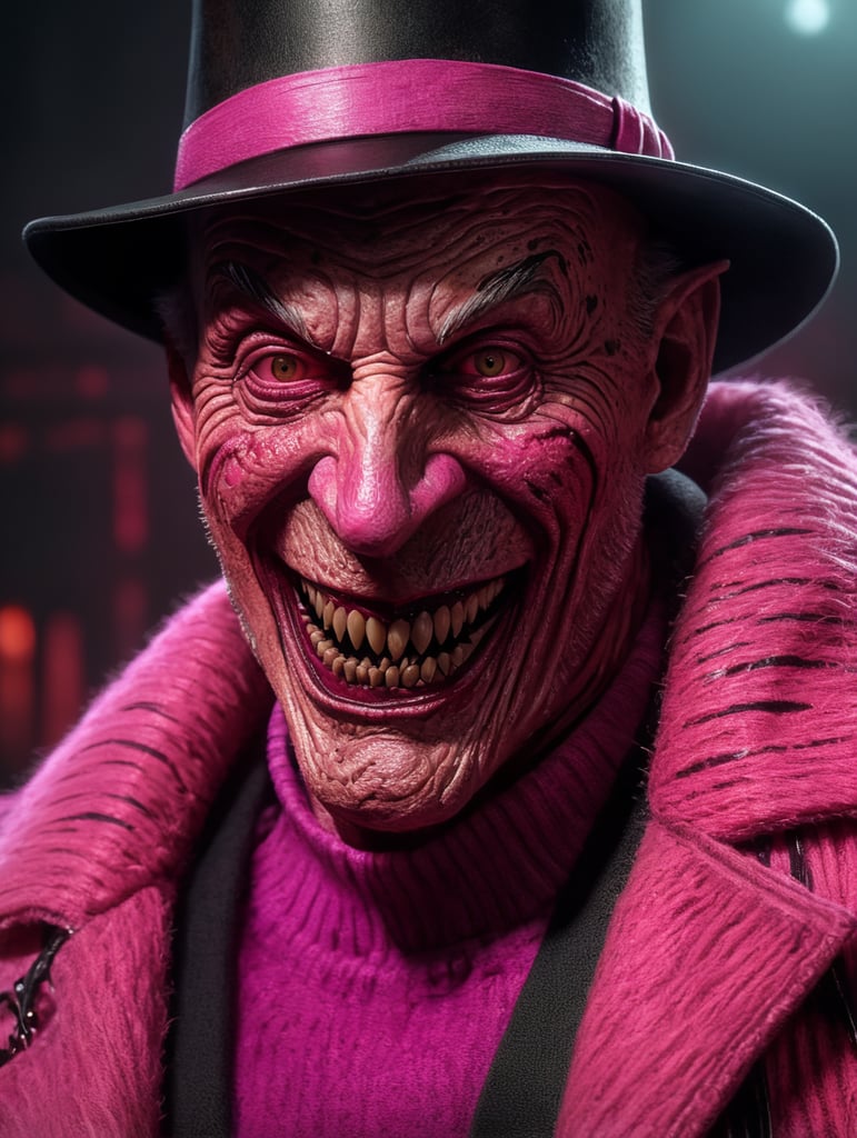 Freddy Krueger all pink, barbiercore, metal claws, pink sweater with black stripes, black hat, evil smile, Halloween, Vivid saturated colors, Contrast color