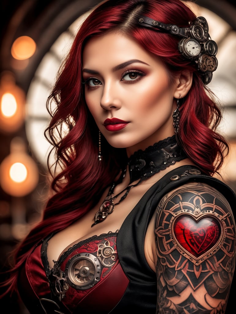 heart tattoo, closeup, steampunk style illustration using black and red colors, high detail, dramatic light