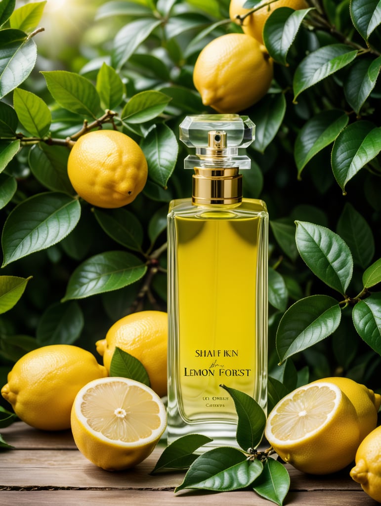 professional photography of a luxury perfume, lemon fruits around, lemon forest, green satin scarf, no label, clear, mockup