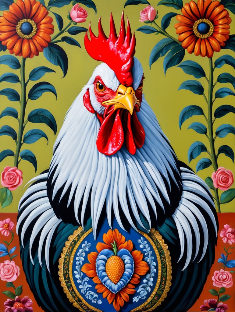 a rooster, style of Catherine Nolin, Painting, Acrylic, Oil, Portrait, Interior, USA