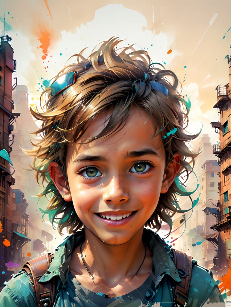 a young boy adventurer similar to Indiana Jones, creative, and kind-hearted person with long, curly blonde hair, big eyes, small nose, and a smiling mouth, standing centered in 3D style, rendered using beautiful Disney animation, Pixar style, Disney style, 3D style