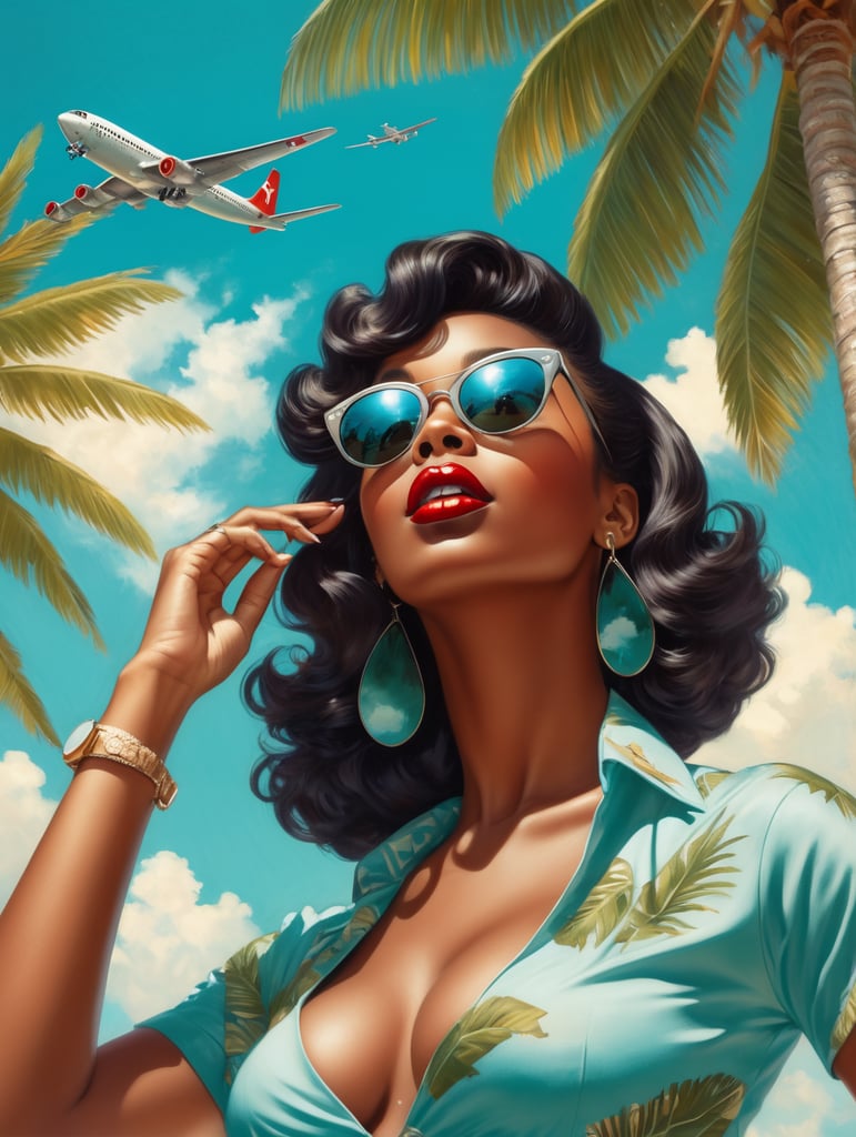 Pin up art, portrait, a black woman raised her head up, looks at the sky, sunglasses, one airplane flies in a clear sky and leaves a mark, summer, palms around, palms reflected on a sunglasses, turquoise shades, style by Gil Elvgren