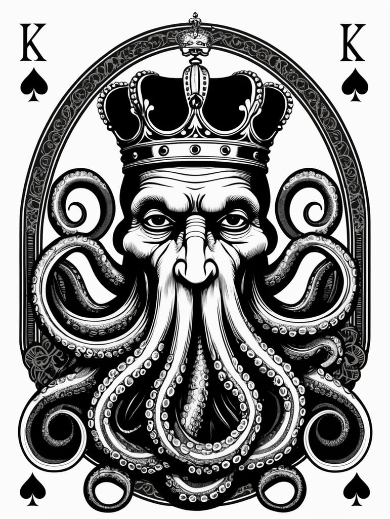 king octopus of clubs playing card, face card, linocut art style, black ink, ultra realism, simple lines, vector