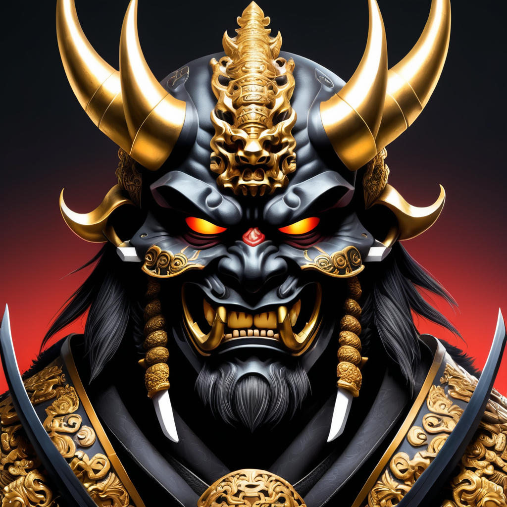 Illustration of a demon with two swords and a skull, demon samurai mask, oni mask, villain wearing a gold oni mask, samurai mask, samurai with demon mask, demon samurai, demon samurai warrior, oni horns, inspired by ryūkōsai jokei, japanese art style, inspired by kawanabe kyōsai, mysterious