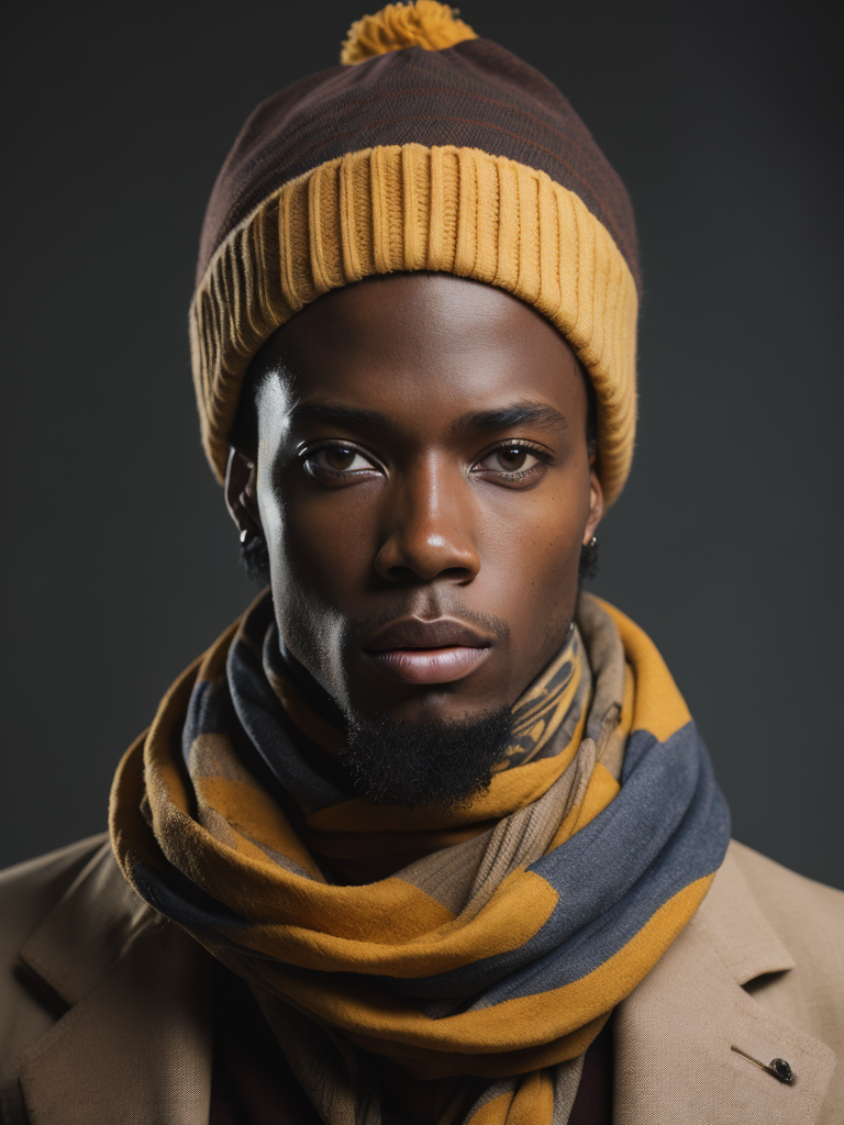 an african model wearing a brown beanie and a colorful scarf with "junk" written on it