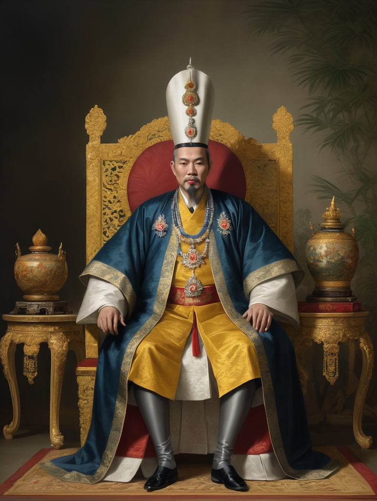 An 18th century painting of a vietnamese emperor sitting down, wearing european clothing and an asian imperial crown