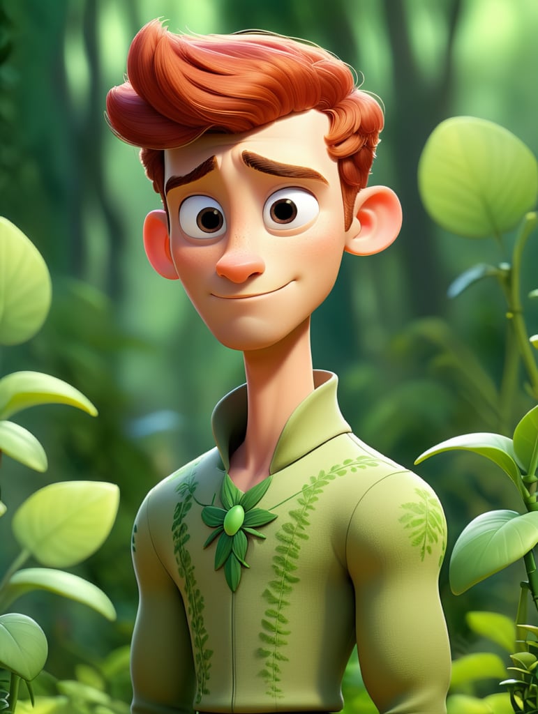 Crea al principe del reino de las plantas que vista de color verde, su nariz sea repintada, su cabello es corto y de color rojo, su piel es blanca y el es delgado y con una apariencia inocente, utiliza ropa muy femenina, la cara del principe es un pocomo femenina