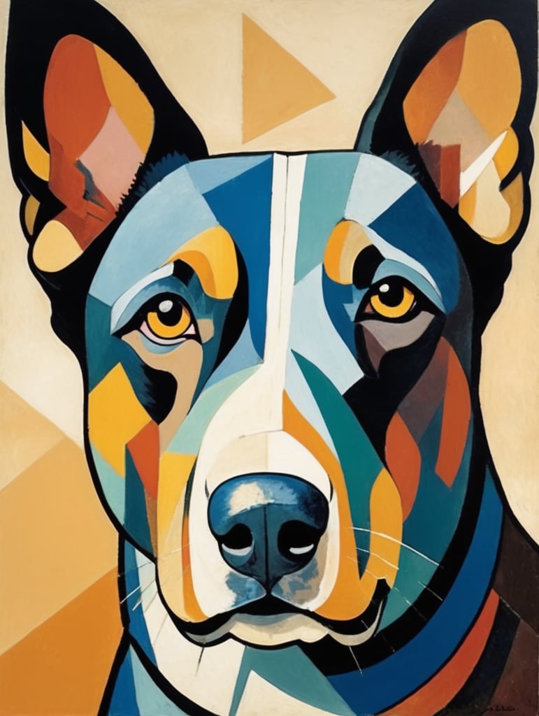 dog's face, pablo picasso, cubism, vibrant colors