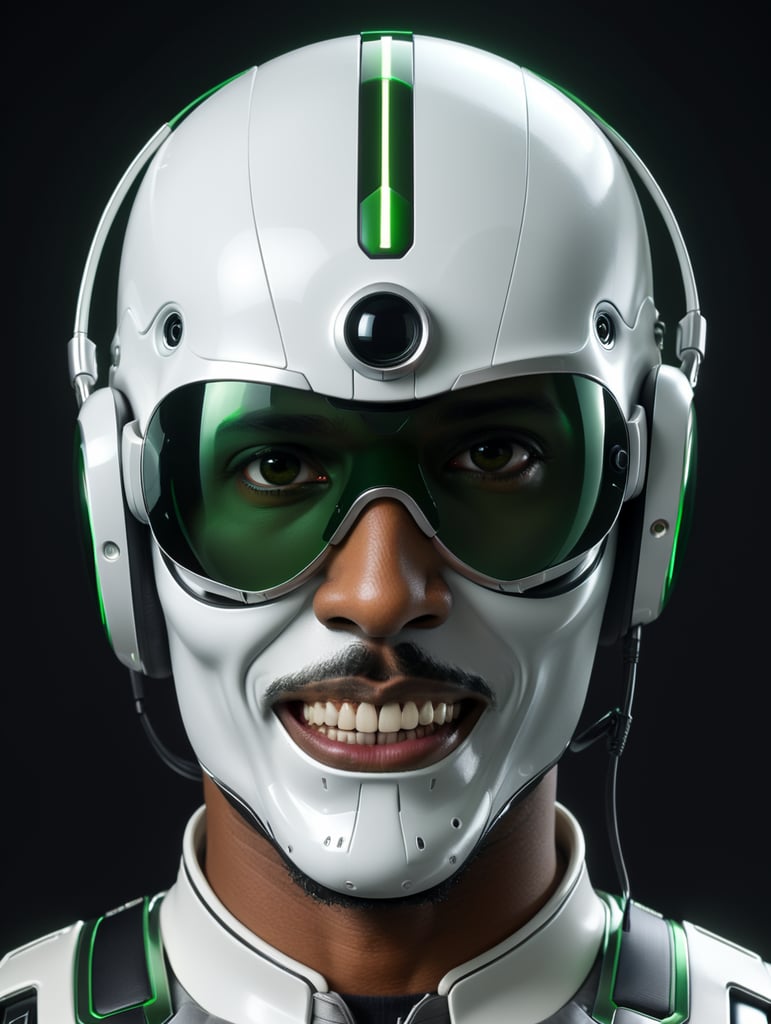 Bald black man, wearing white psvr2 , a gray goatee, black moustache, neutral smile, white and dark green futuristic cloth, cranial free.