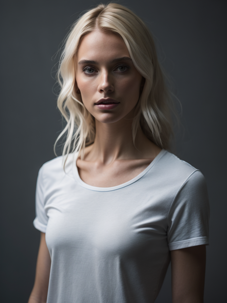a torso of a women wearing a white t-shirt, grey background