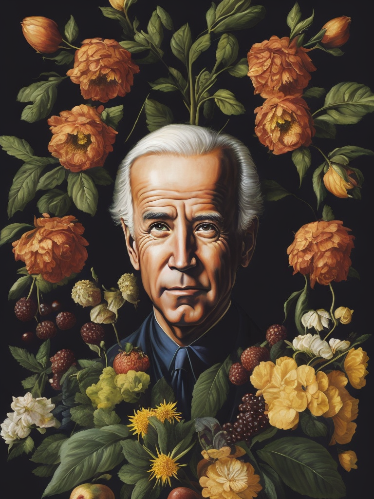 a painting of Joe Biden head surrounded by flowers and fruit, Painting, Oil, Still Life, Botanical, Italy, style of Giuseppe Arcimboldo