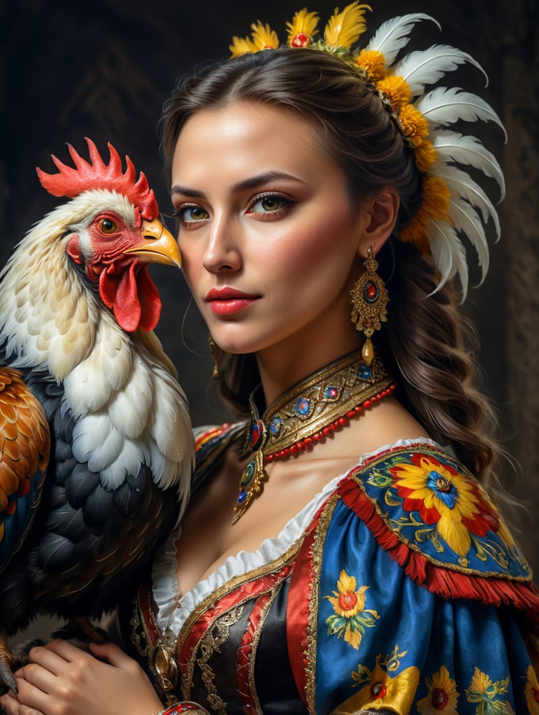 Portrait of a Beautiful women from Romanian fairytale wearing traditional costume hugging a Rooster