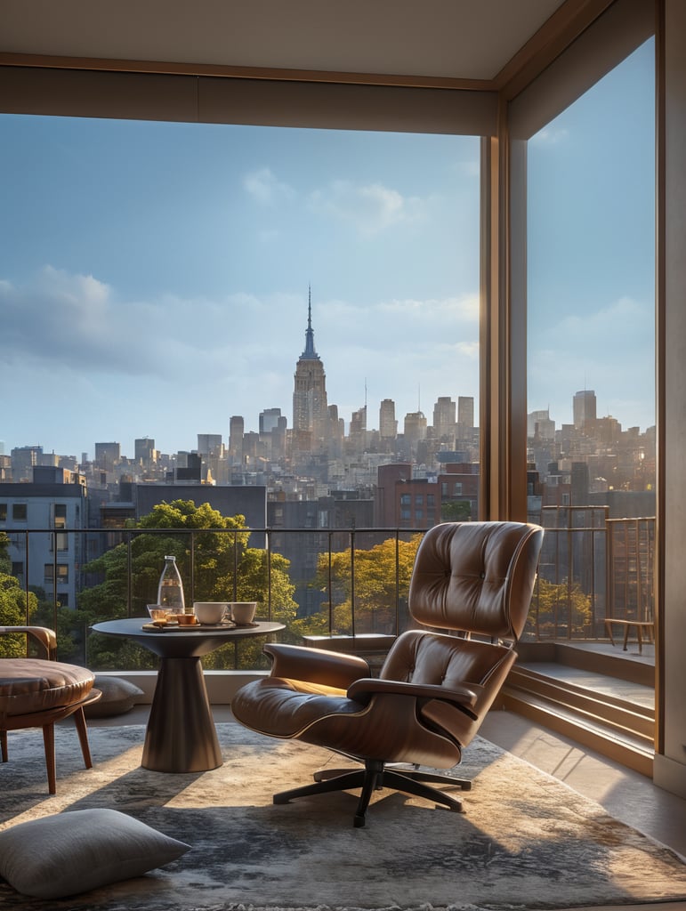 corner window of a understated luxury apartment, morning, sunrise, golden hour, calm feeling, coffee, exact same modern brazilian lounge chair of the reference image, light rug, soho new york view, playground view, a couple of trees in the playground, buildings in the view 5 stories tall. Light coming form the right side