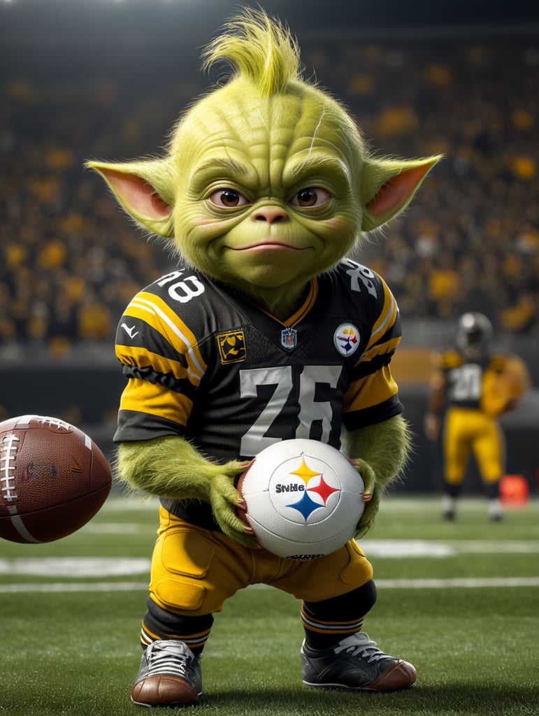 baby grinch wearing steelers team jersey holding a football