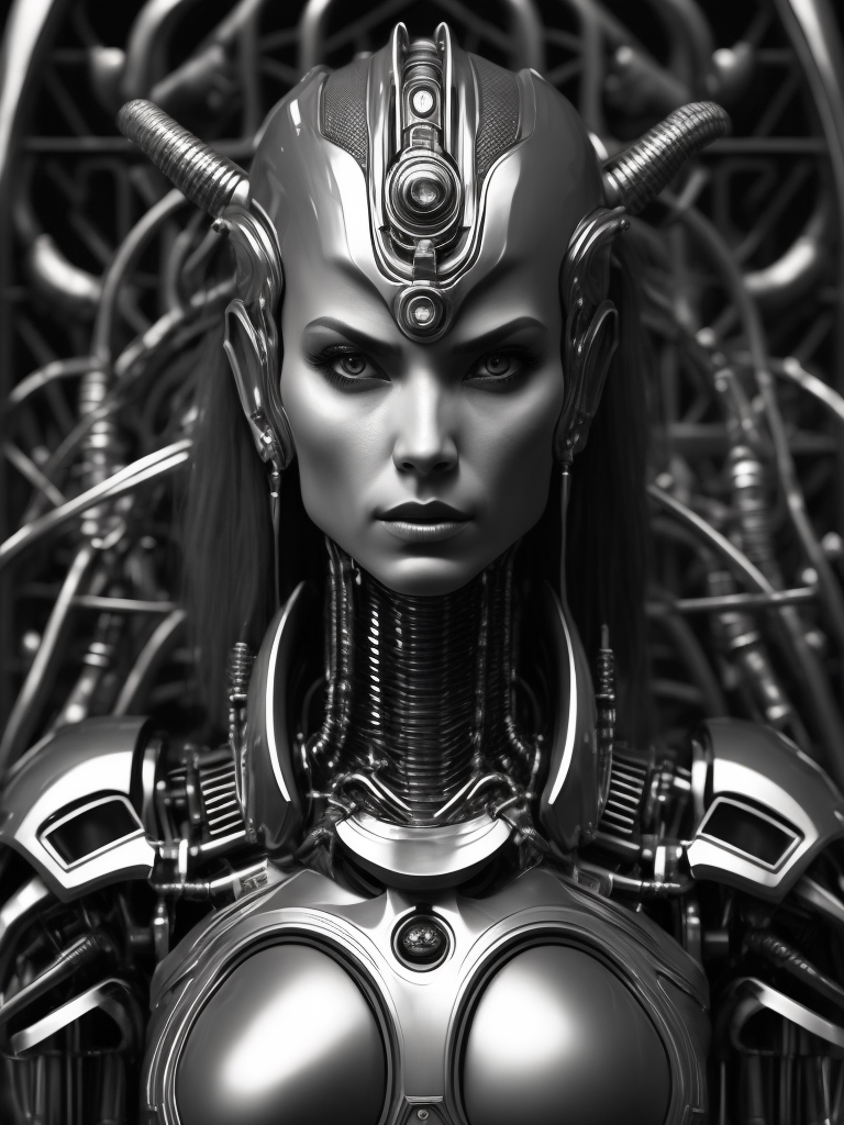 Female robot, Giger style, black and white, high contrast, metal face, many details, slim, stylized body