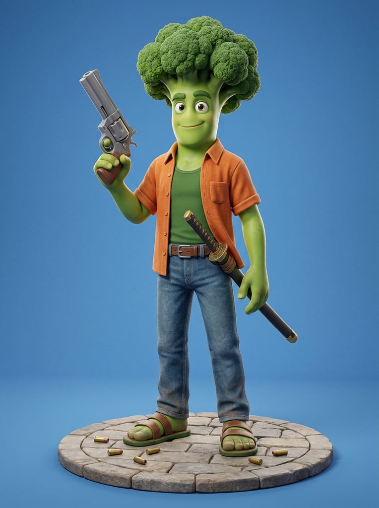 A stylized 3D humanoid with green skin and a large broccoli head stands on a circular paved base against a solid blue background. Wearing an open orange shirt, green tank top, and textured jeans, he casually holds a massive grey revolver upward. A sheathed katana rests at his hip. The polished toy-like rendering features vibrant lighting and scattered bullet casings around his green sandals.