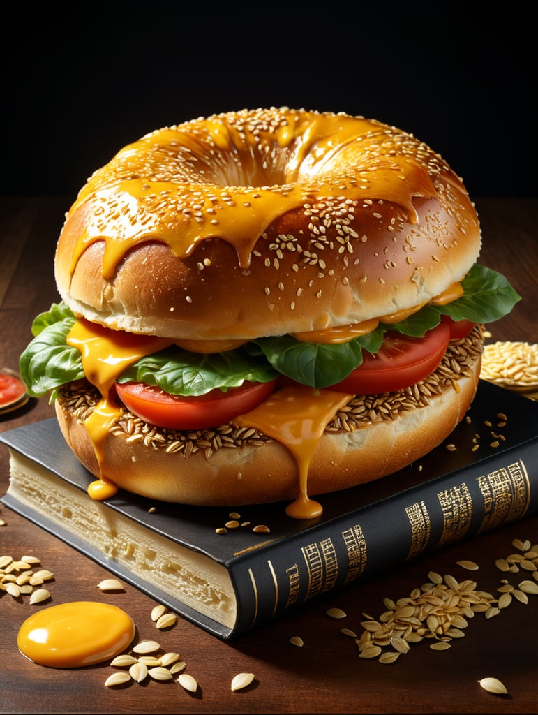 A stunning interpretation of extreme book sandwich, golden bun with seeds on top, hard cover books with title engraved with gold layered with letucce, tomato slice, mayonaise, melting cheddar, golden bun underneath, highly detailed and realistic