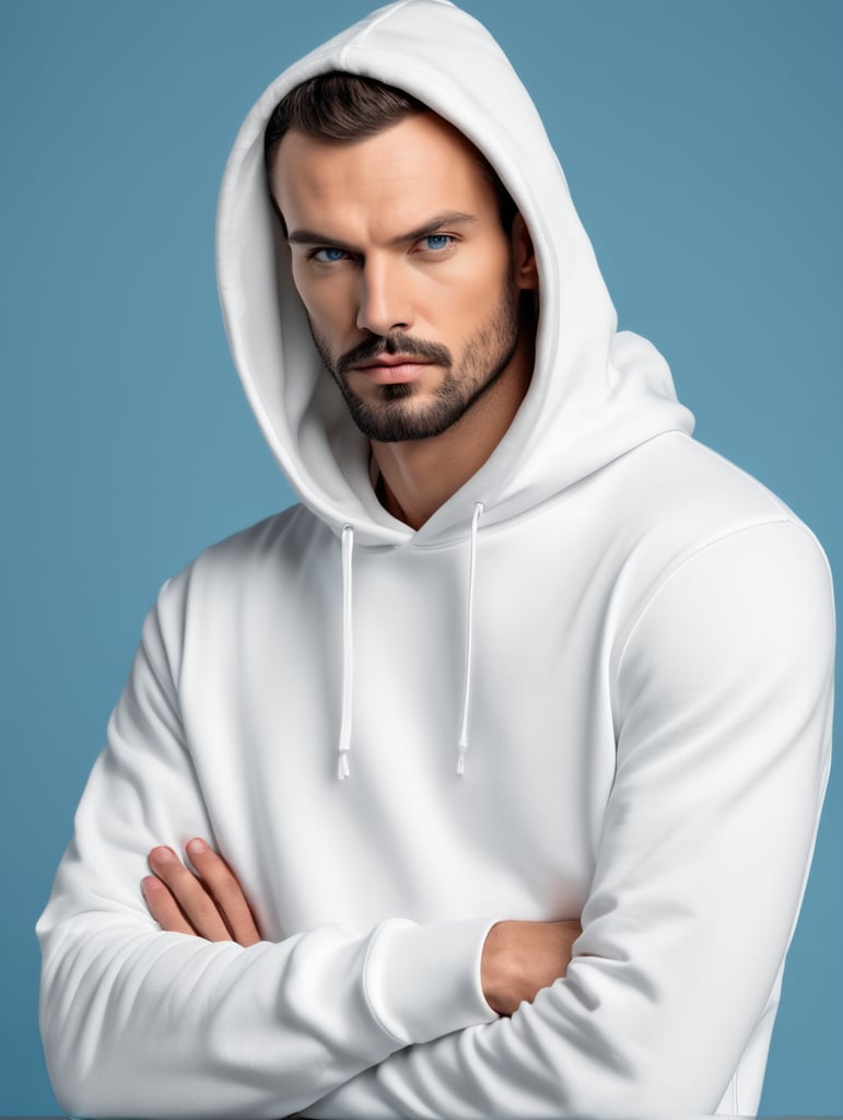 a man wearing blank white hoodie, isolated, blue background, style of Miles Aldridge, mockup, mock up