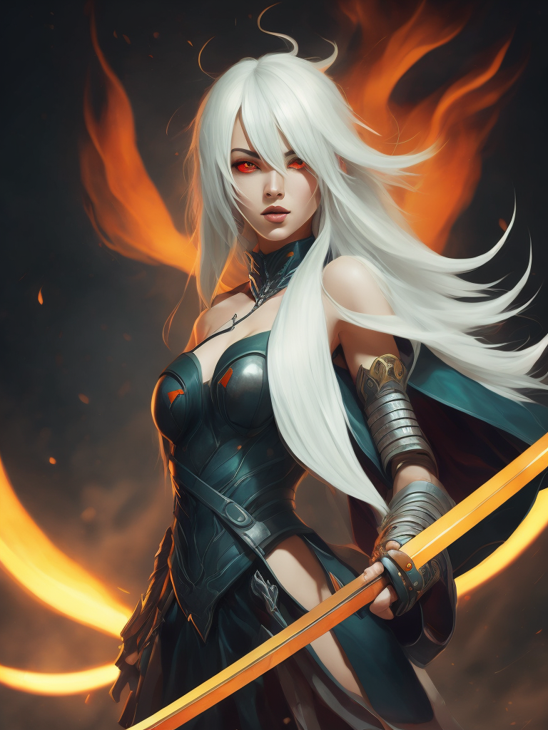 Create a digital artwork featuring an anime girl with white hair and red eyes, holding a sword