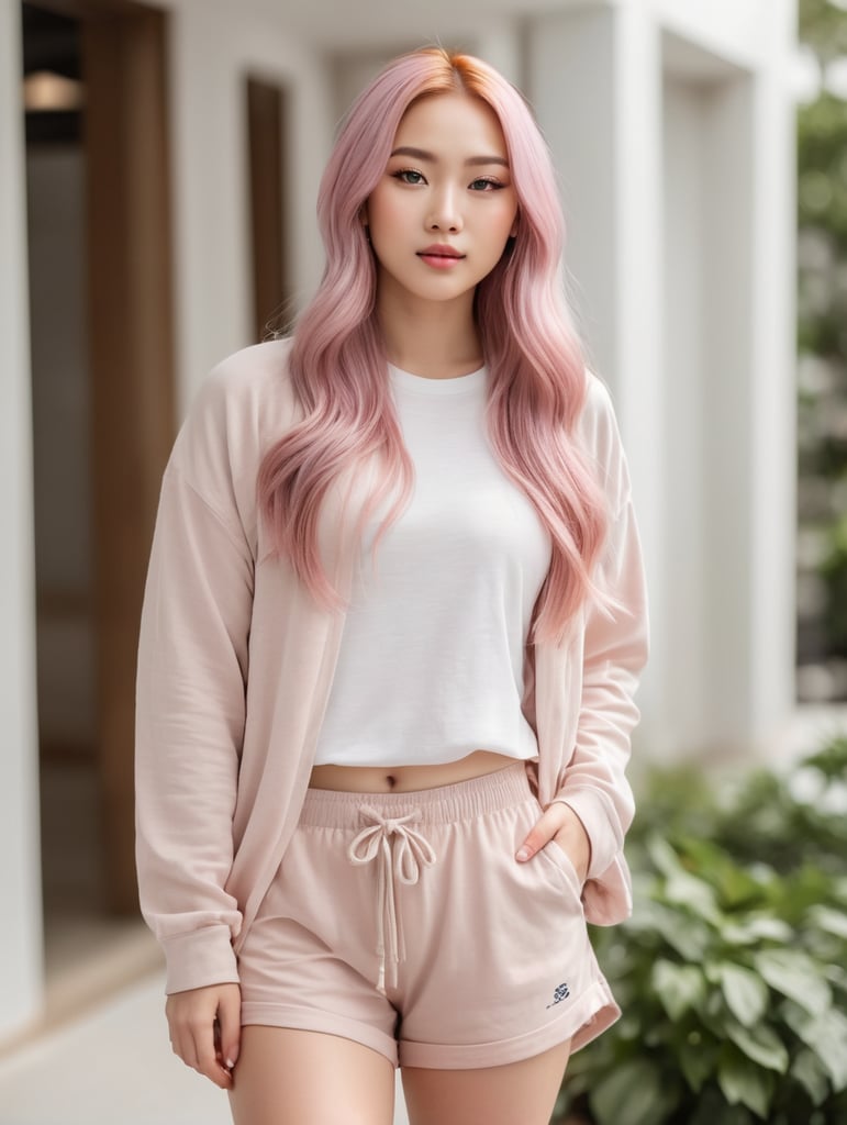 (full body portrait:1.3),dynamic pose,1girl,asian,pale skin,long pink hair,delicate face,heterochromia eyes,freckles,(oversized clothes:1.3,gym shorts:1.3),(thigh gap:1.3,thighs:1.3,one hip up:1.3,barefoot:1.3),white background,(best quality:1.2,ultra-detailed,realistic:1.37),soft colors,polished lighting