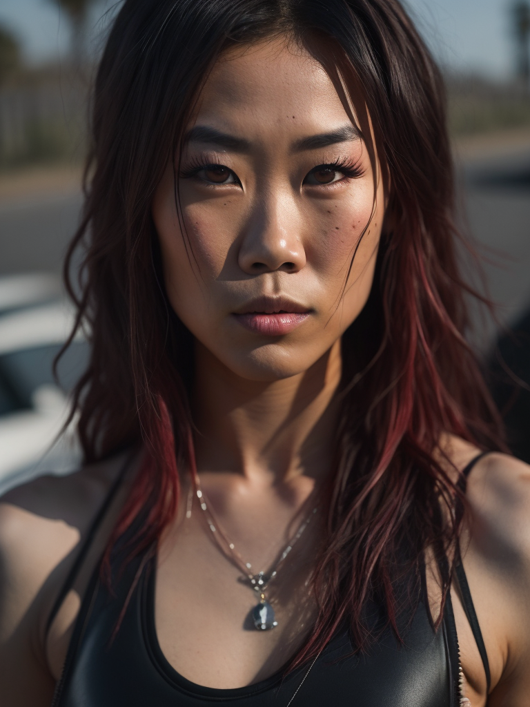 young Asian female street racing enthusiast, freckles, fashion, American muscle cars, in street race meet in LA, in the style of Hiphop art sensibilities, muscle cars, tattoos, drugcore, delicacy of touch, caffenol developing, letterboxing, coloured lights, Sacha Goldberger, psychedelic realism, ultra detailed, gloomy metropolises, mallgoth