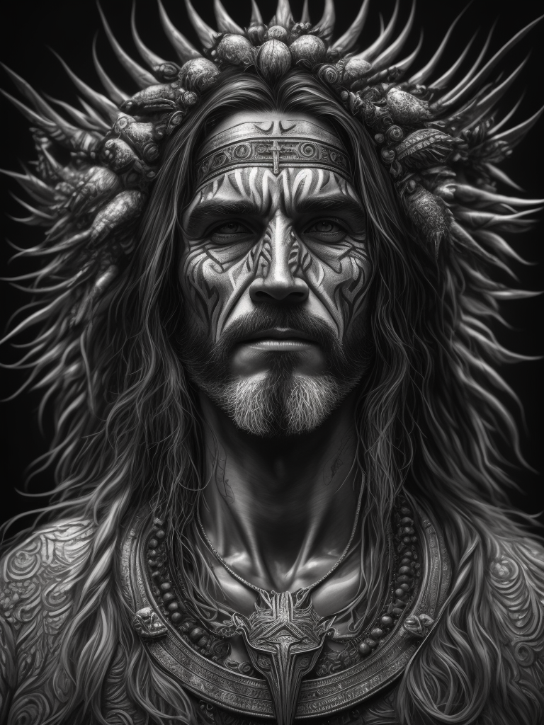 Jesus, realistic Shaman consuming ayahuasca, ink illustration, black and white, fine lines, intricate details, highly detailed