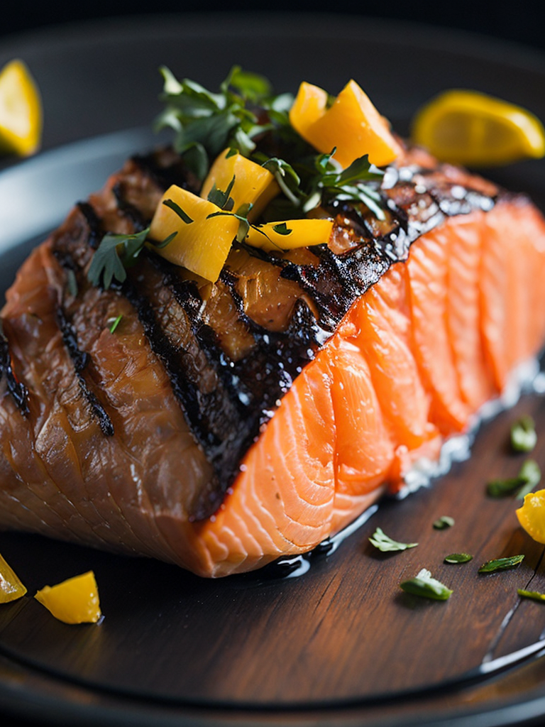 macro photography of a grilled salmon