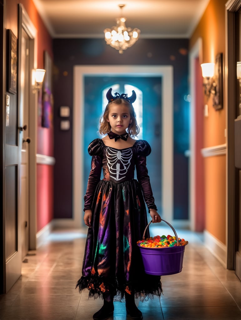 A young girl dressed in a spooky Halloween costume stands in a dimly lit hallway, clutching a tub overflowing with colorful candy.