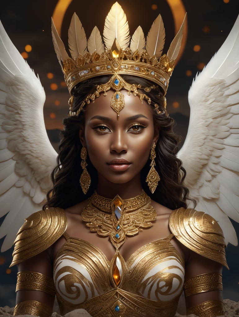 Nubian princess wearing golden crown with bones and a golden dress with feathers and riding a roaring white tiger with golden wings standing over a hill with a sunset in the background