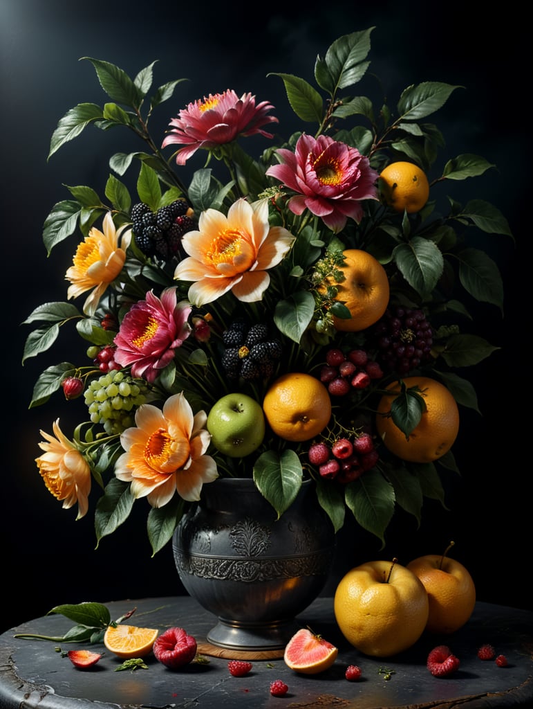 Craft a hyper-realistic still life painting showcasing a bouquet of exquisite flowers and fruits