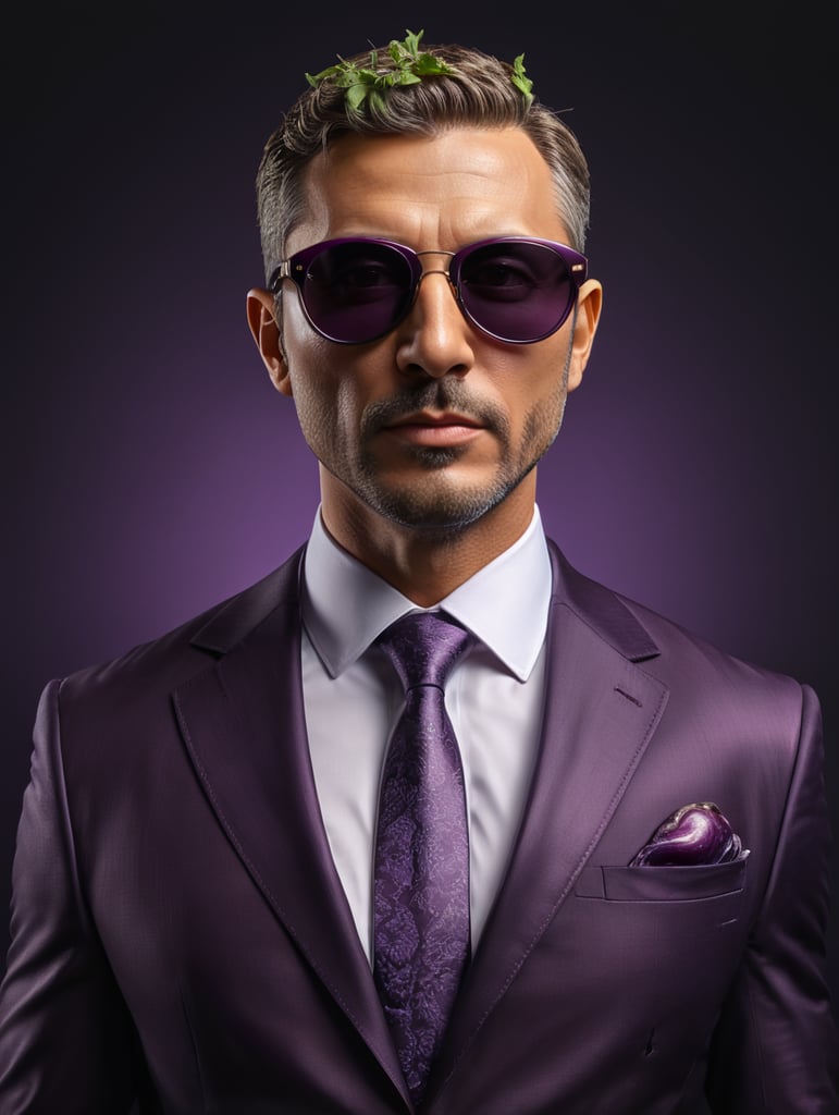 A man in a business suit with a eggplant for a head, dark purple background, sunglasses, isolated