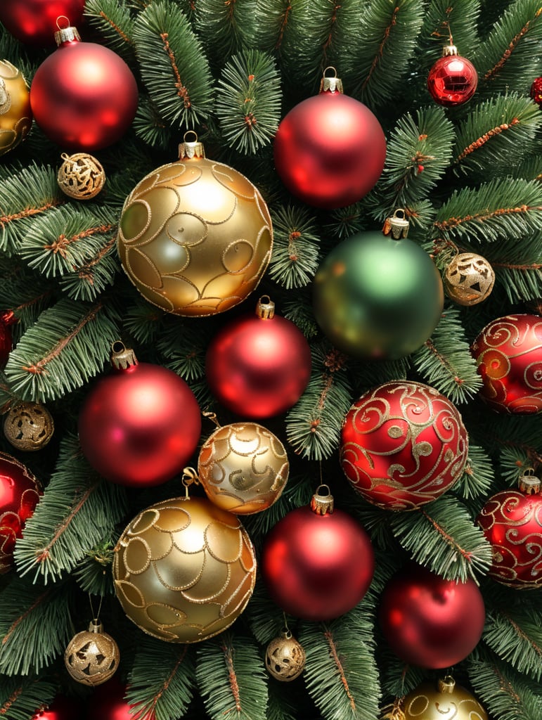 Gold and red christmas balls of different sizes on green colored pine branches, top view