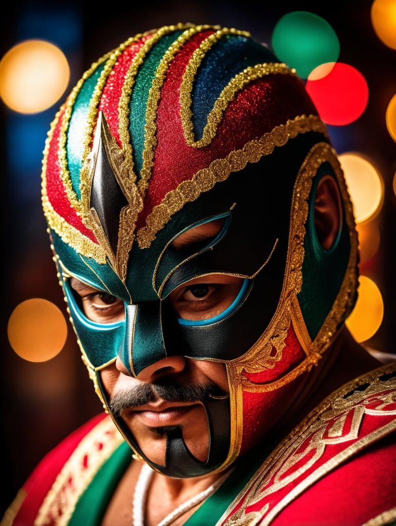 Portrait of a masked mexican wrestler, Vivid saturated colors, Contrast color, studio photo, professional photo, Rich colors, Detailed image