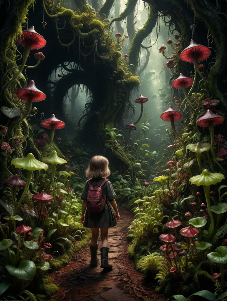 Little girl picking carnivorous plants in a Tim burton style forest