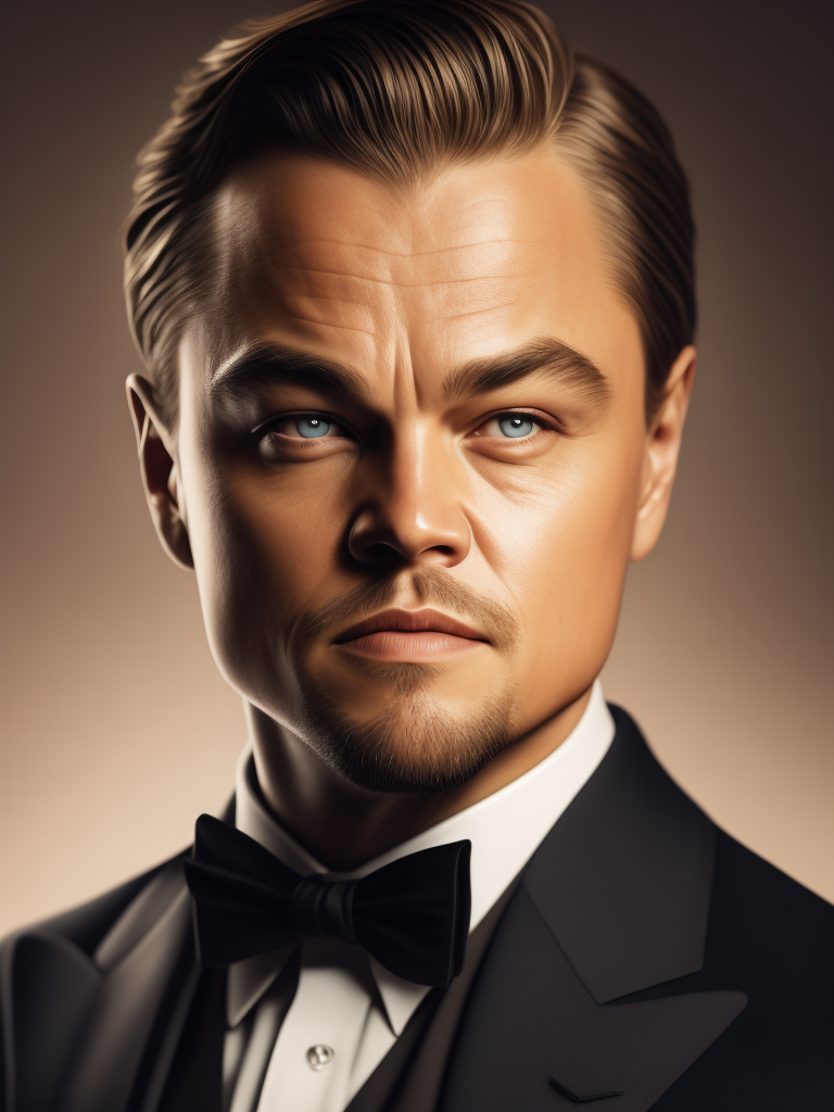 Portrait of Leonardo DiCaprio in a bow tie tuxedo, contrasting light, detailed face,