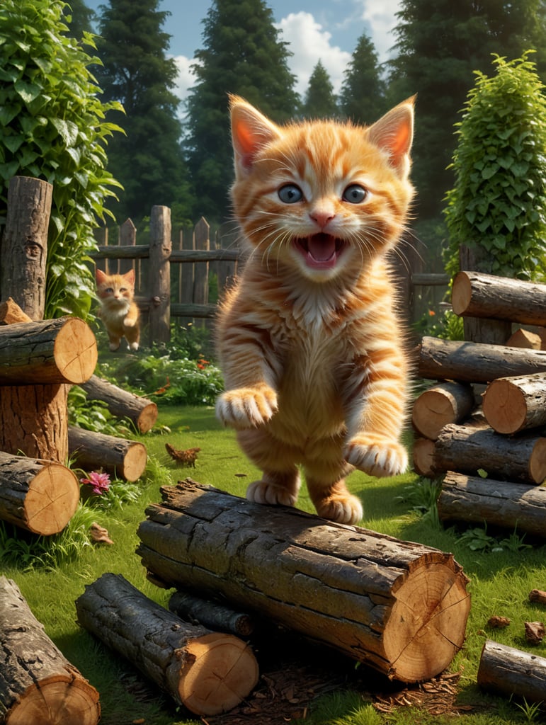 Ginger kitten jumping off a tall pile of logs that has started to fall down. In a garden with a grass lawn.