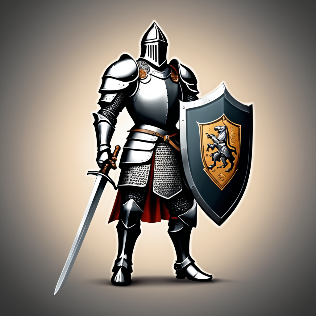 arafed knight with sword and shield logo design, strong fantasy knight, professional logo design, sword design, medieval knight, (((knight))), fantasy knight, holy crusader medieval knight, logo vector art, medieval holy crusader knight, armored knight, high quality character design, 3 d logo, logo design, knight, medieval fantasy game art, logo concept design, illustrated logo