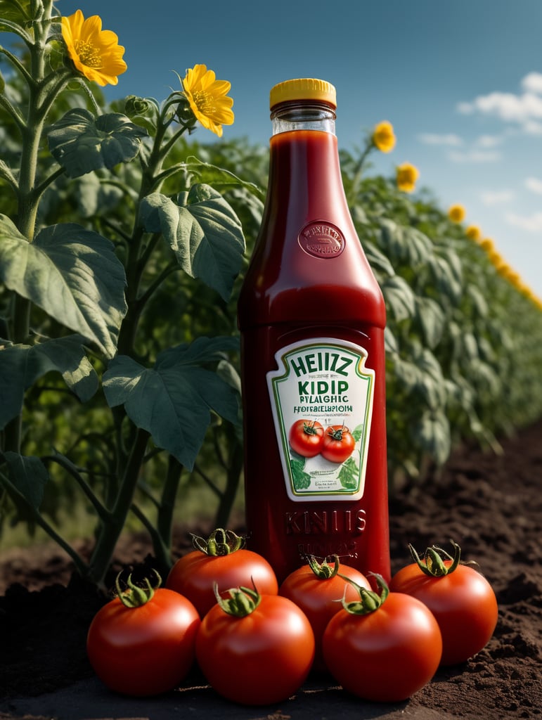 several red tomatoes stacked together forming a Heinz ketchup bottle with some leaves around it, beautiful tomato plantation in the background and a blue sky, short grass and yellow flower + yellow flowers + creamy light + ambient lighting + very beautiful colors