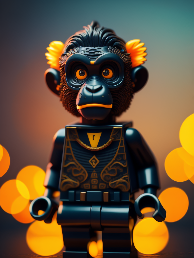 monkey lego figure style, gradient background, Vibrant colors, Depth of field, Incredibly high detail, 8k, full body