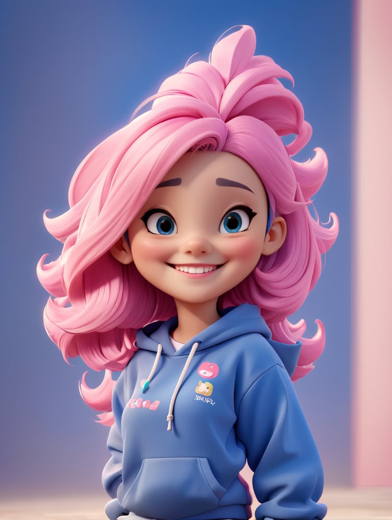 young girl designer blue short hair pink hoodie smiles full length