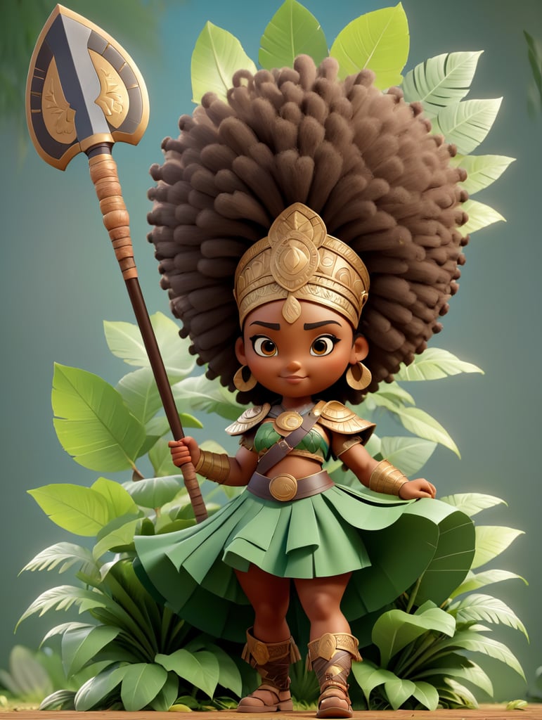 Afro hair Fijian warrior holding a war club and wearing a skirt made ouf of leaves.