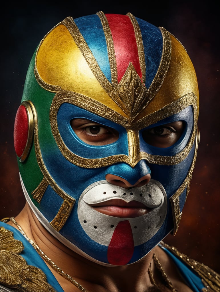 Portrait of a masked mexican wrestler, Vivid saturated colors, Contrast color, studio photo, professional photo, Rich colors, Detailed image