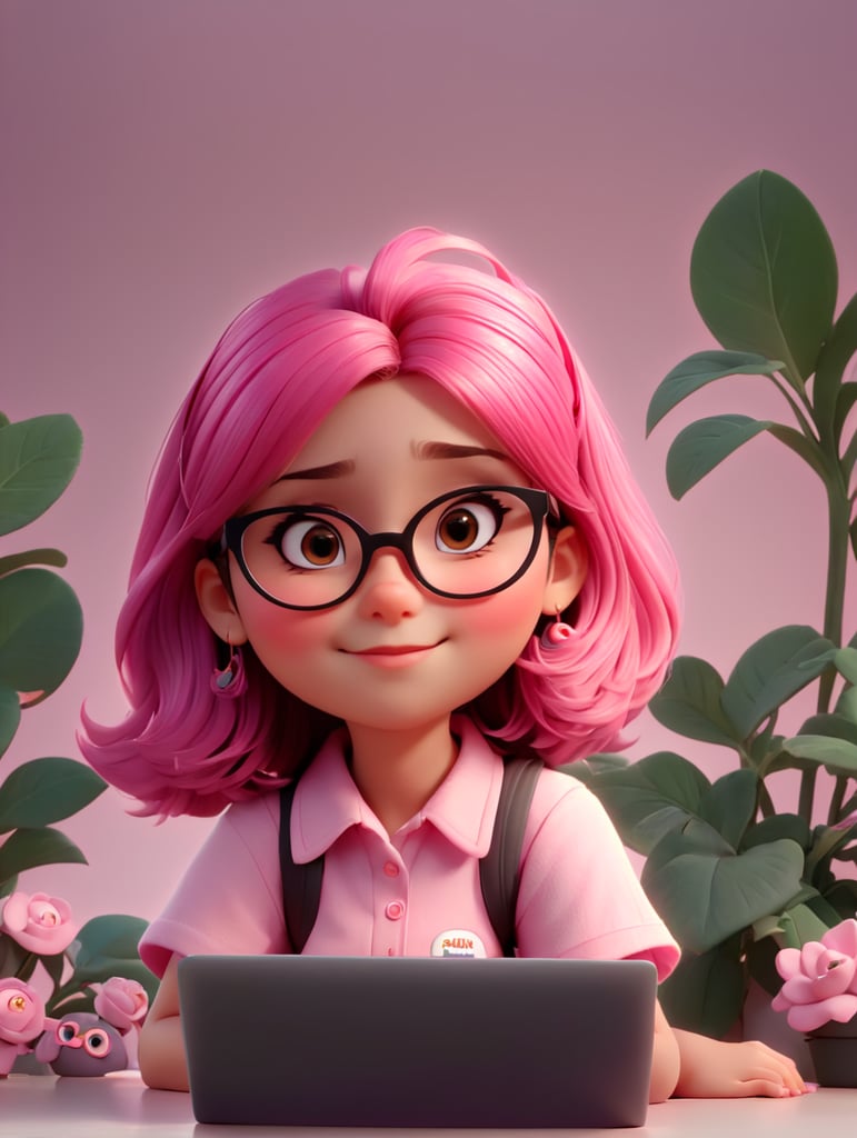 A young cool girl with glasses pink scene a laptop