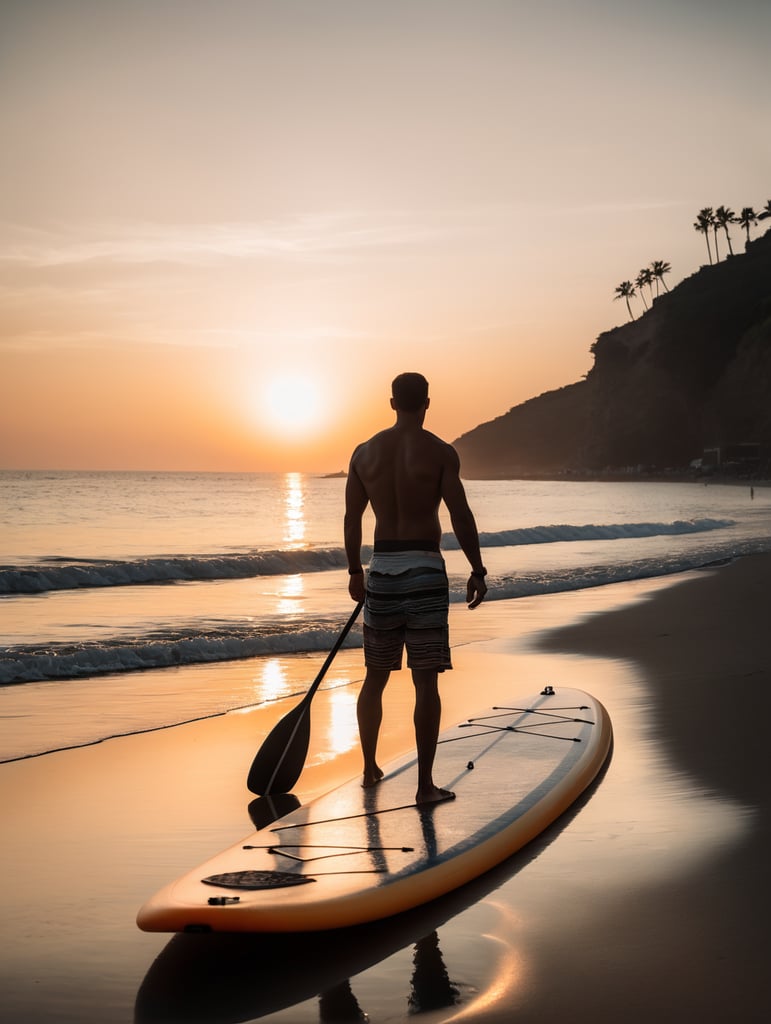 Man standing with paddleboard on beach looking out to sea at sunset. Situated on a beach close to the sea.