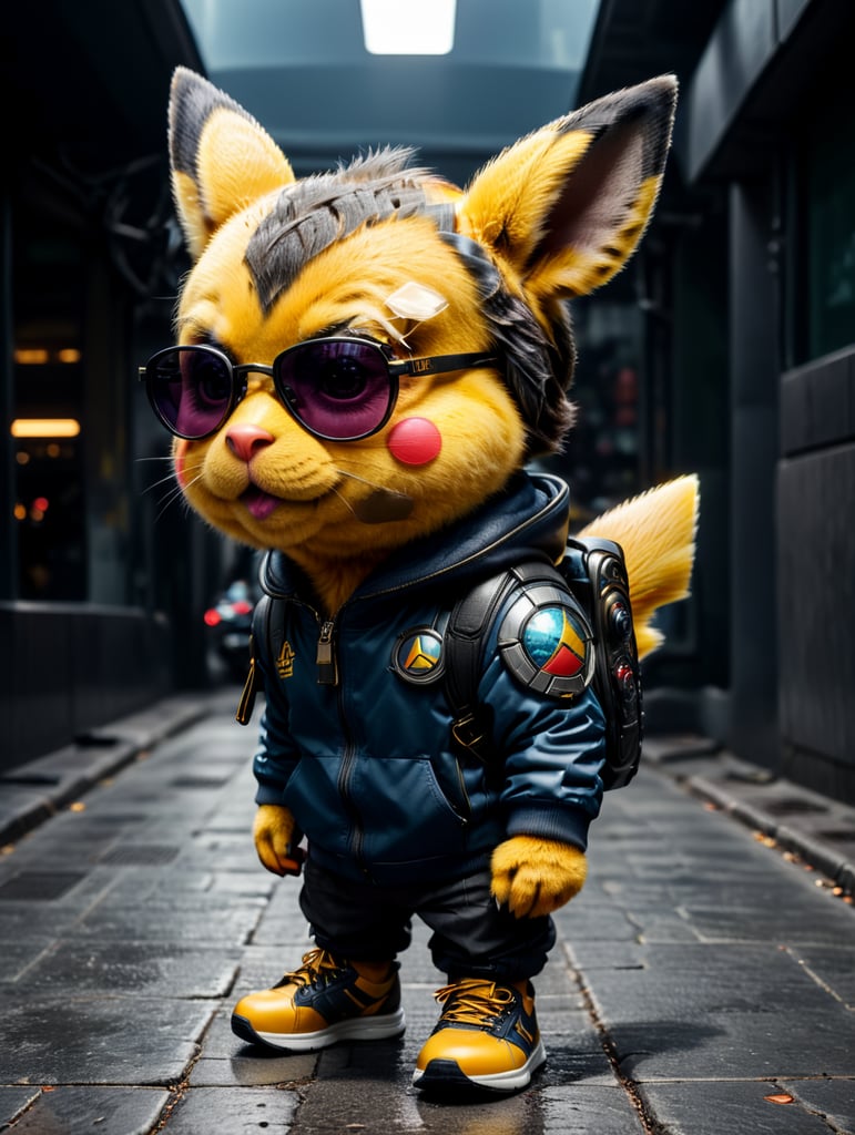 cute stylish Pikachu with a duck nose like Donald Duck, dressed in stylish futuristic sportswear, large sneakers and futuristic glasses