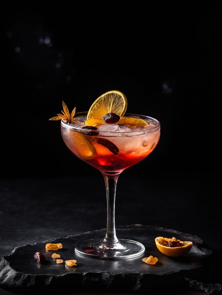 Gin cocktail with dried fruit slices, mood lighting