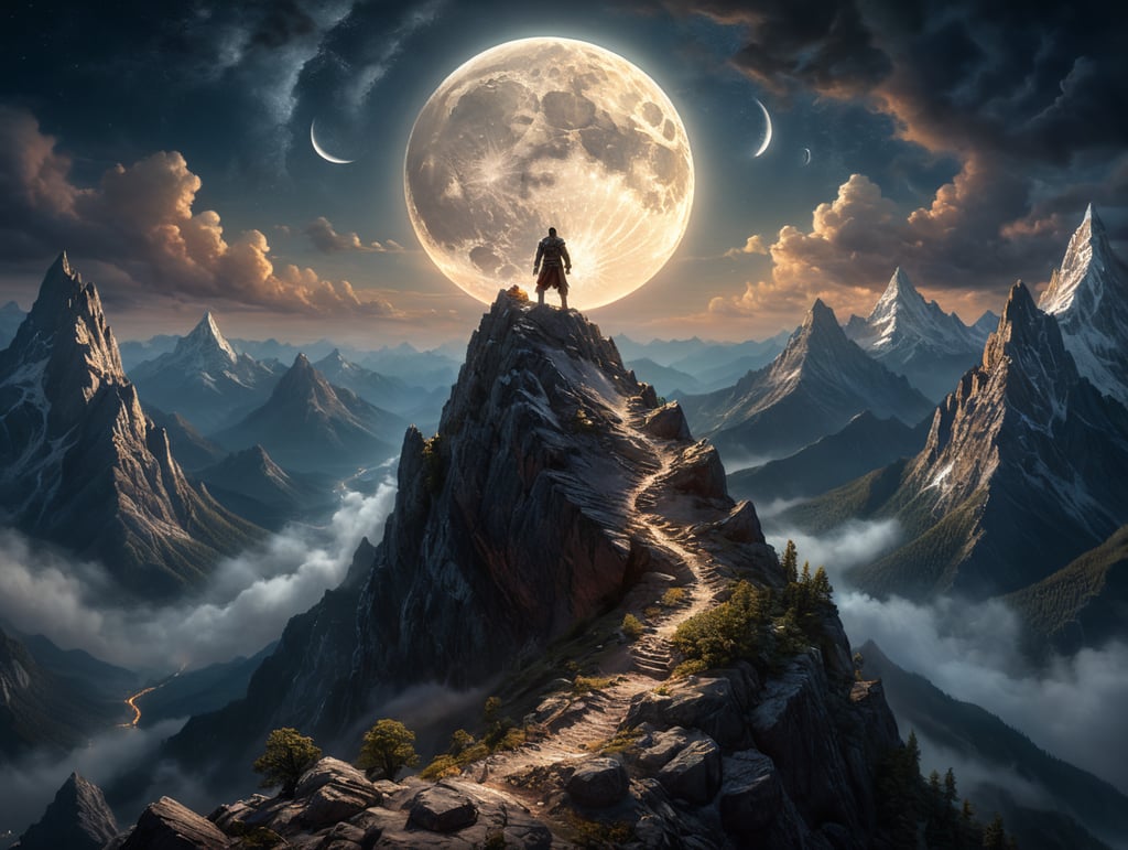 a man with on a mountain peak, night, five moons