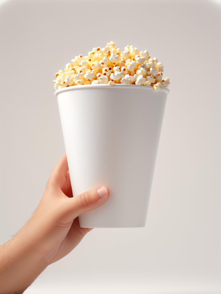 A cartoon hand is holding a popcorn cup, cartoon, 3d render, soft light, white background