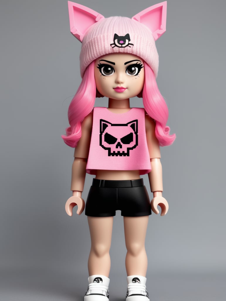 A Lego girl who is wearing a cat ear beanie, pink skull crop top, black shorts , and converses